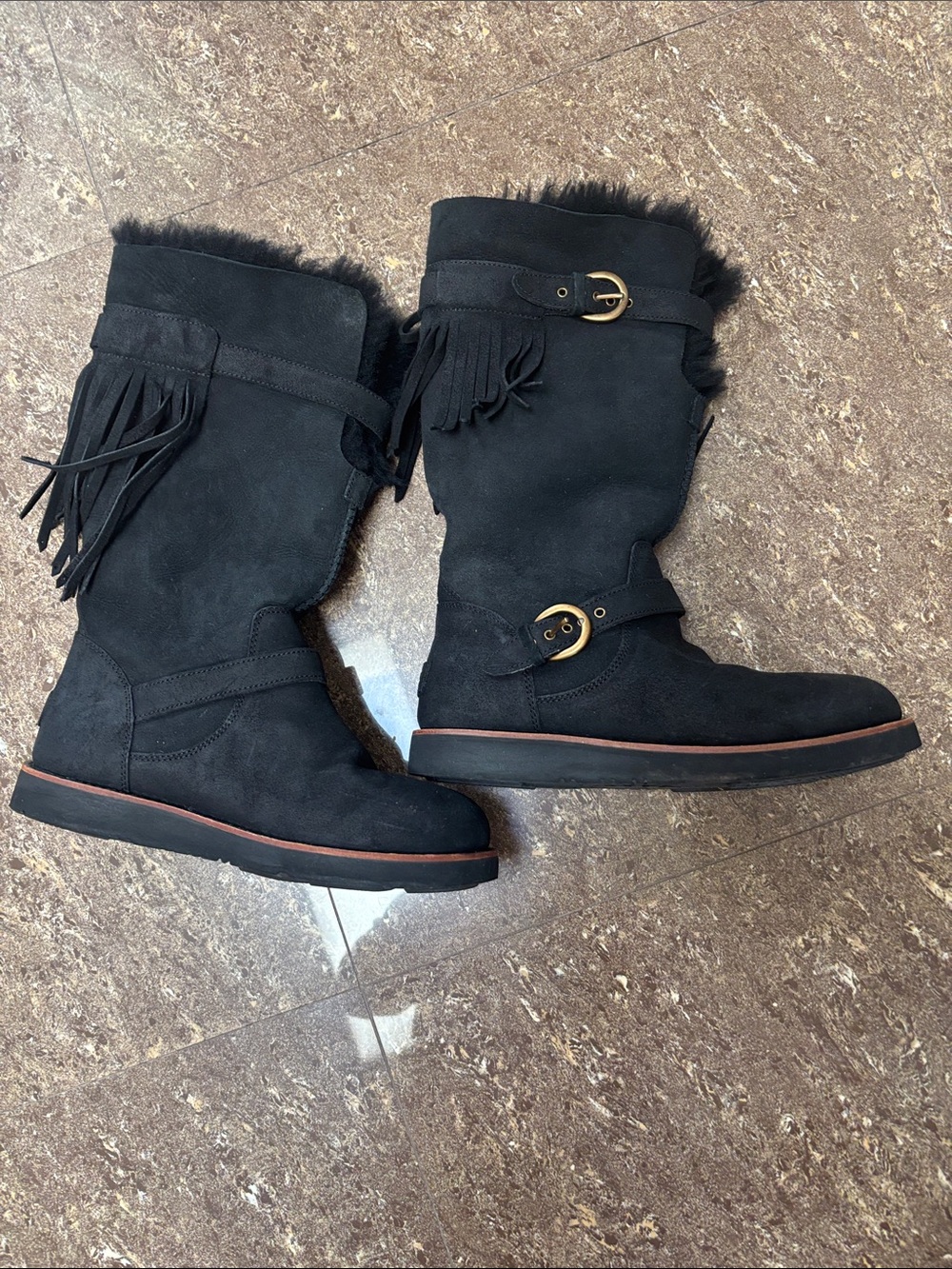UGG Black Suede Fringe Shearling Ankle Boots